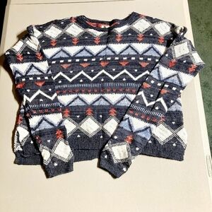 Hollister Blue White Red Knit Sweater Women's M/L Crew Neck Aztec Cropped EUC